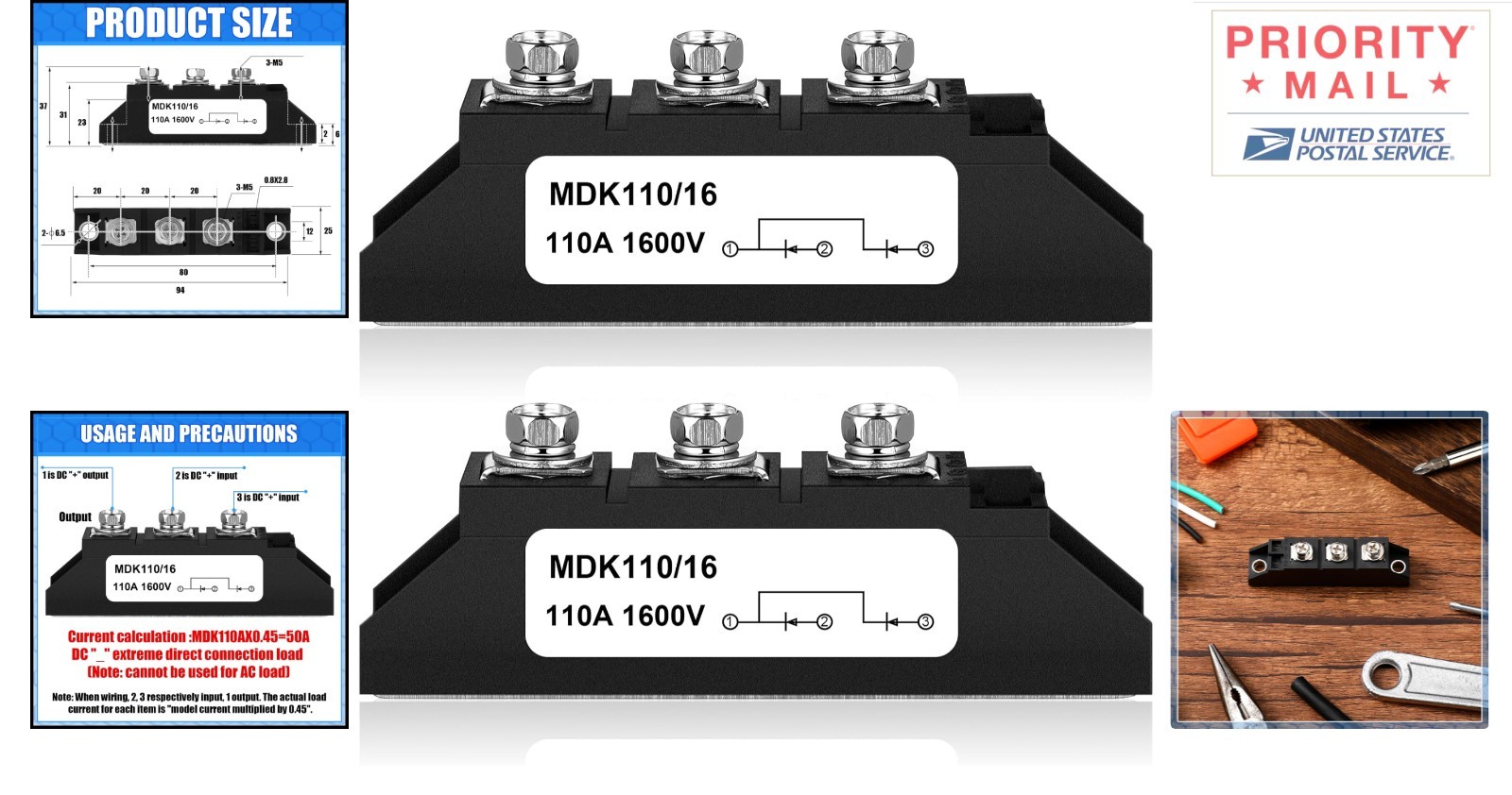 Solar Diode Anti Reverse Unidirectional Peak Voltage 1600V DC Blocking Set of 2