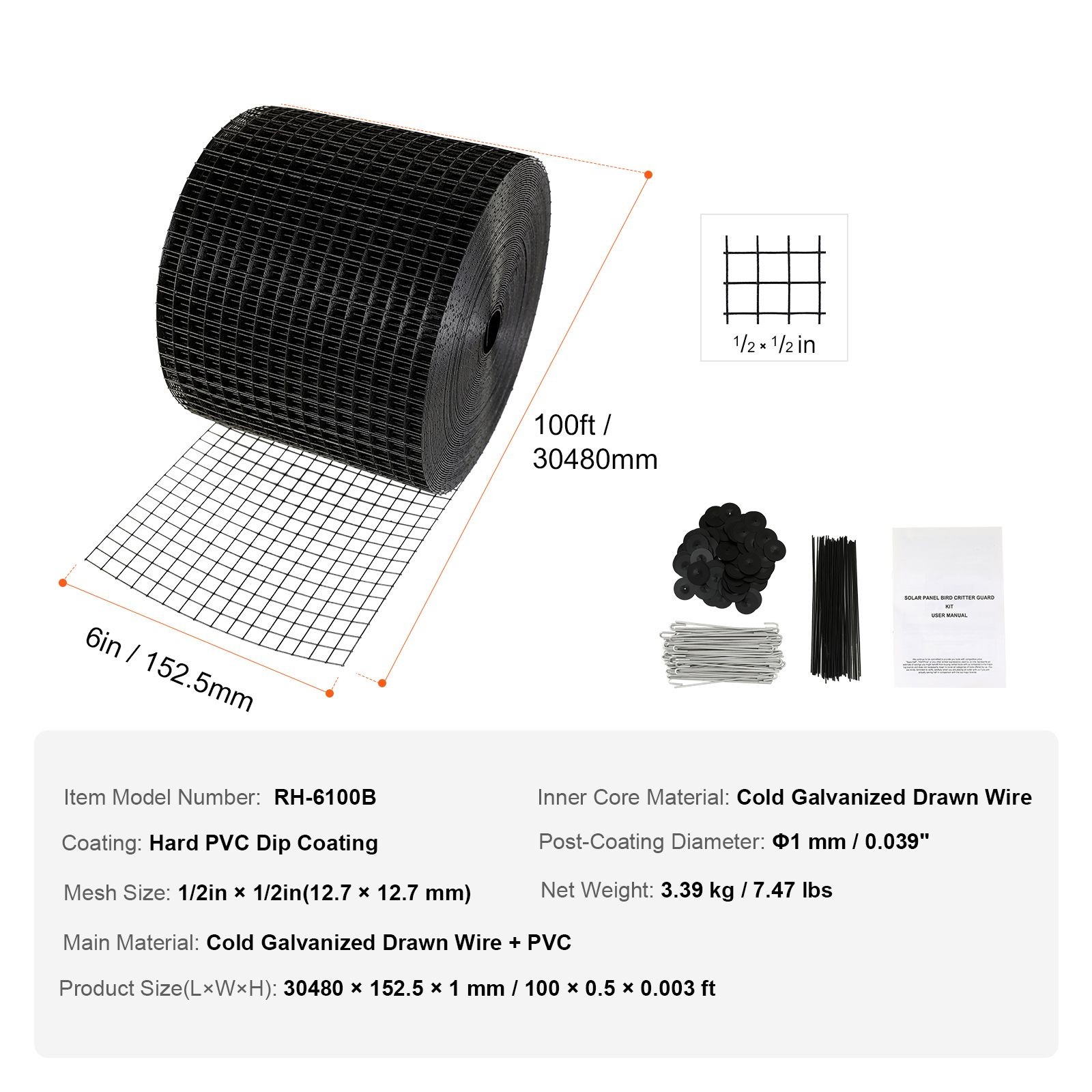 6in×100ft Solar Critter Guard Roll – Rust-Proof PVC-Coated Galvanized Steel Mesh