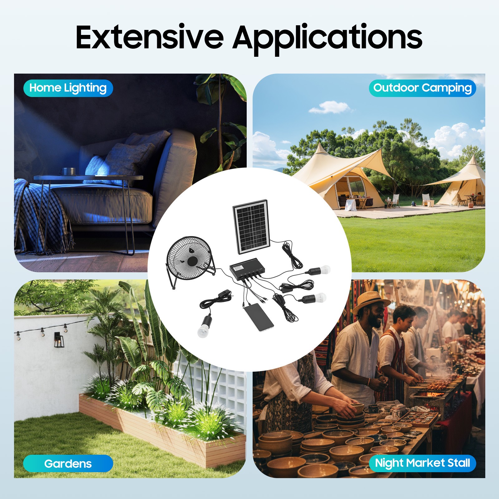 Solar Power Panel Kit Outdoor Camping USB Charging System W/ LED Light & 8″ Fan