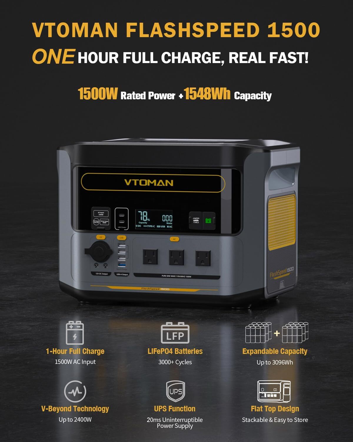 VTOMAN FlashSpeed 1500 Portable Power Station 1548Wh, LiFePO4 Solar Generator