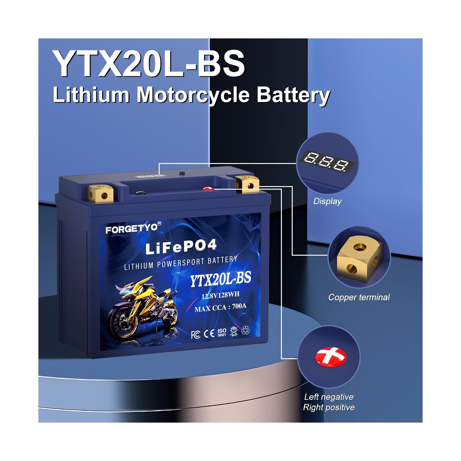 Lithium YTX20L-BS, 700A LiFePO4 Motorcycle Battery, 12V 10AH ATV, UTV, Jet Sk…