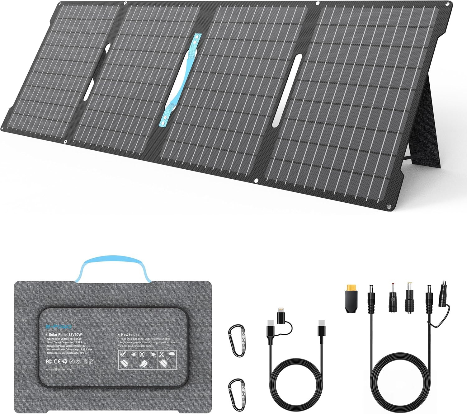 60W Portable Solar Panel Charger with USB-C, USB-A Outputs for Camping