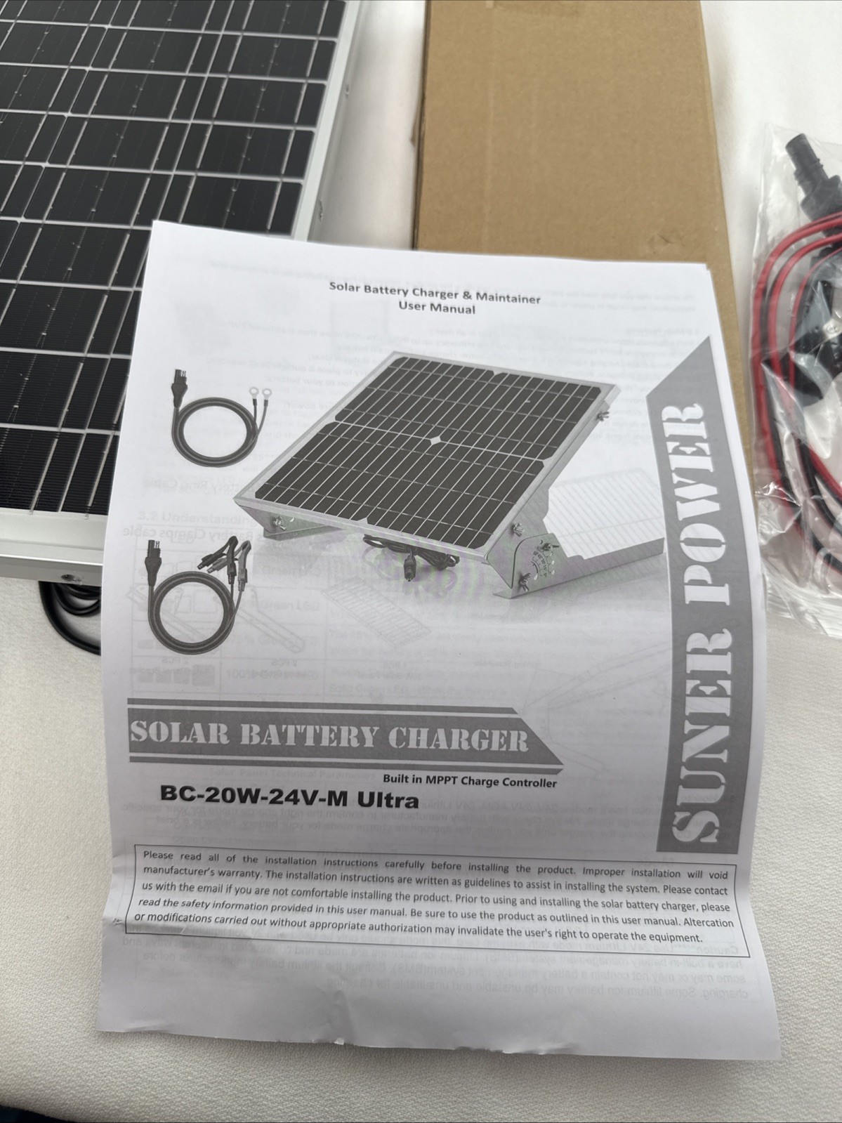 SUNER POWER 20W 24V Ultra Solar Battery Trickle Charger & Maintainer, New!