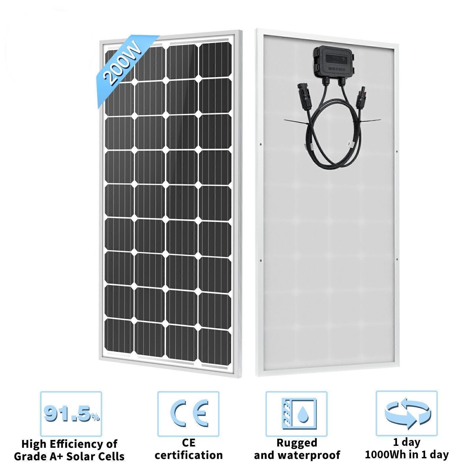 200W Watt Mono Solar Panel 12V Battery Charger Home Boat Camp RV Off Grid Charge