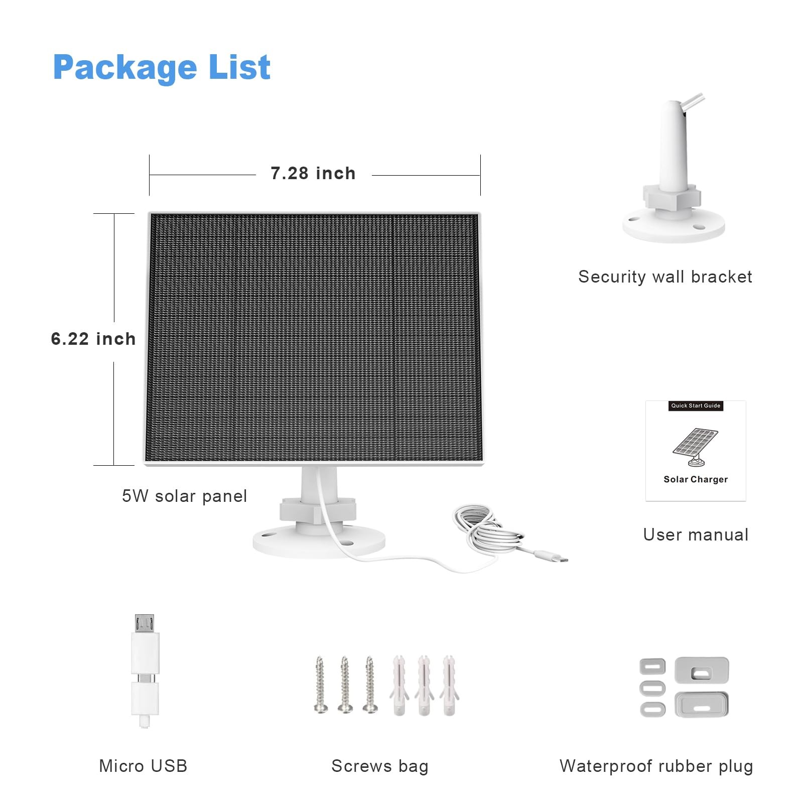 5W Solar Panel for Security Camera IP65 Waterproof with 9.8ft Cable Wall Mount