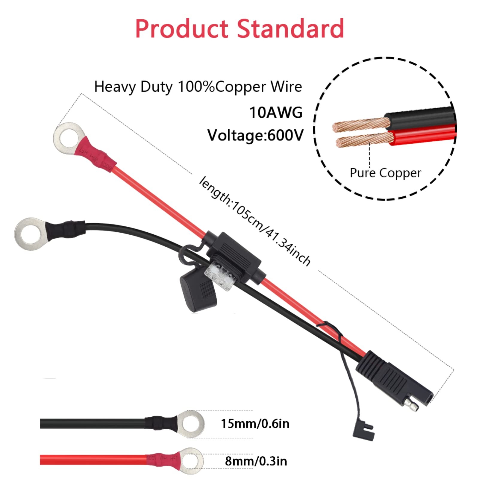 3.3 FT SAE Connector 10AWG Pure Copper SAE Extension Cable to Ring Terminal, …