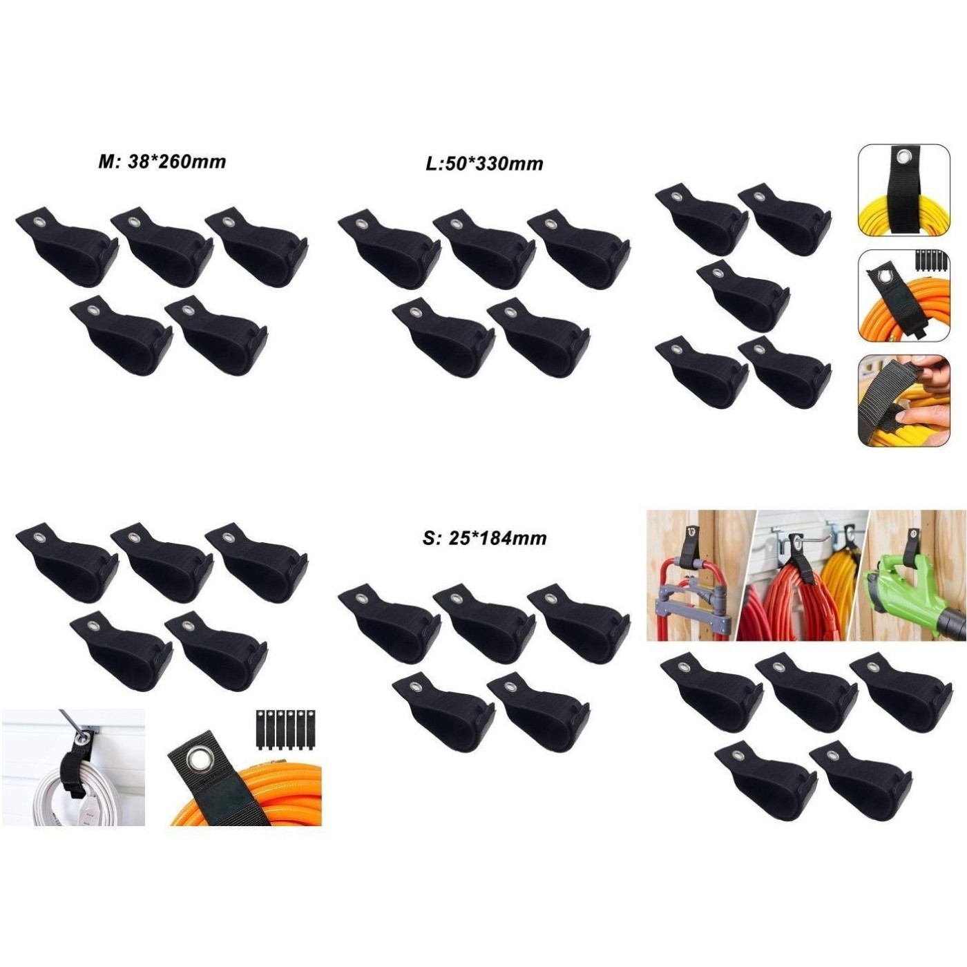 Set of 5 Black Storage Straps for Securing Cables in For Trucks Boats RVs