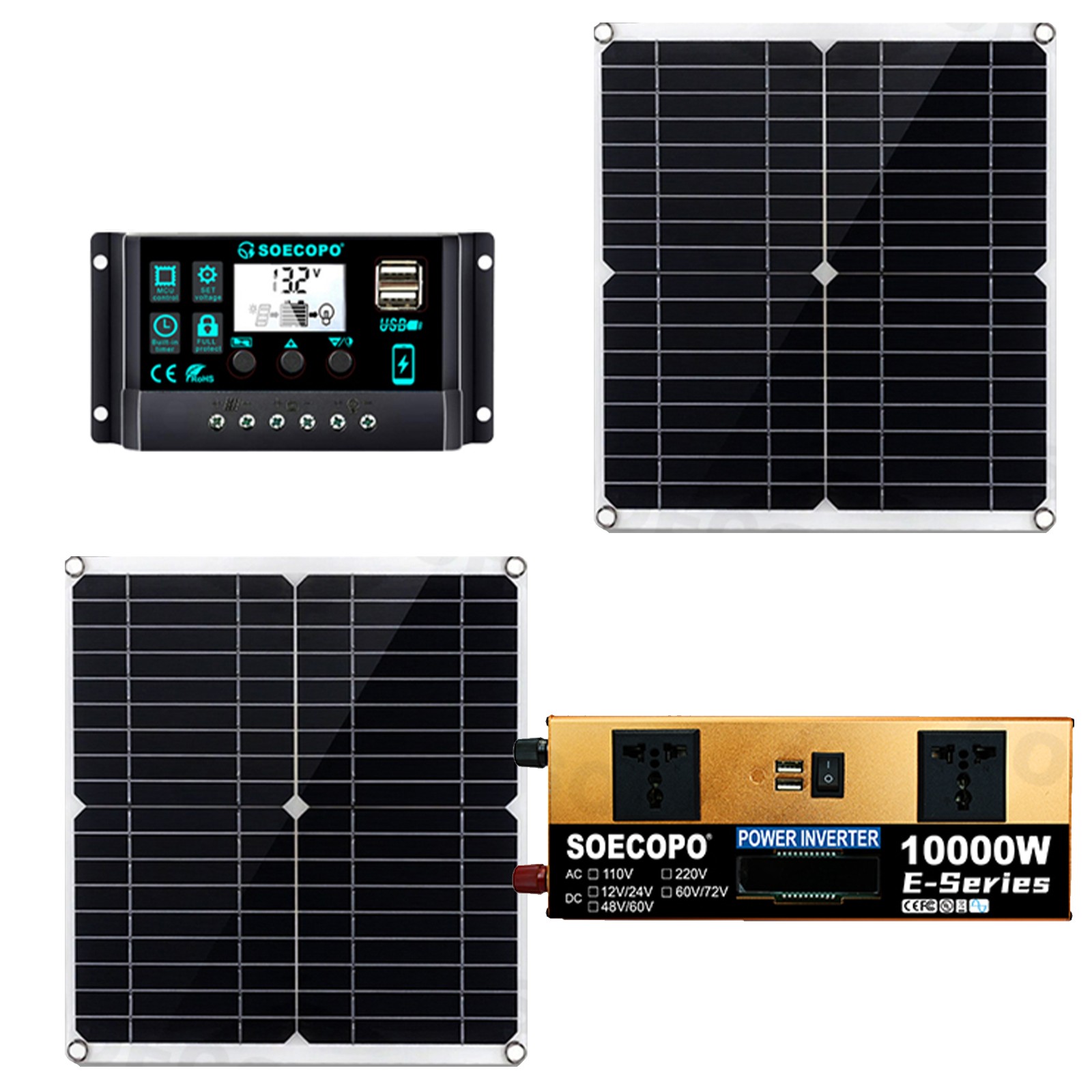 Off-Grid Solar Kit 10000W Sine Wave Inverter +2pcs Solar Panels+100A Controller