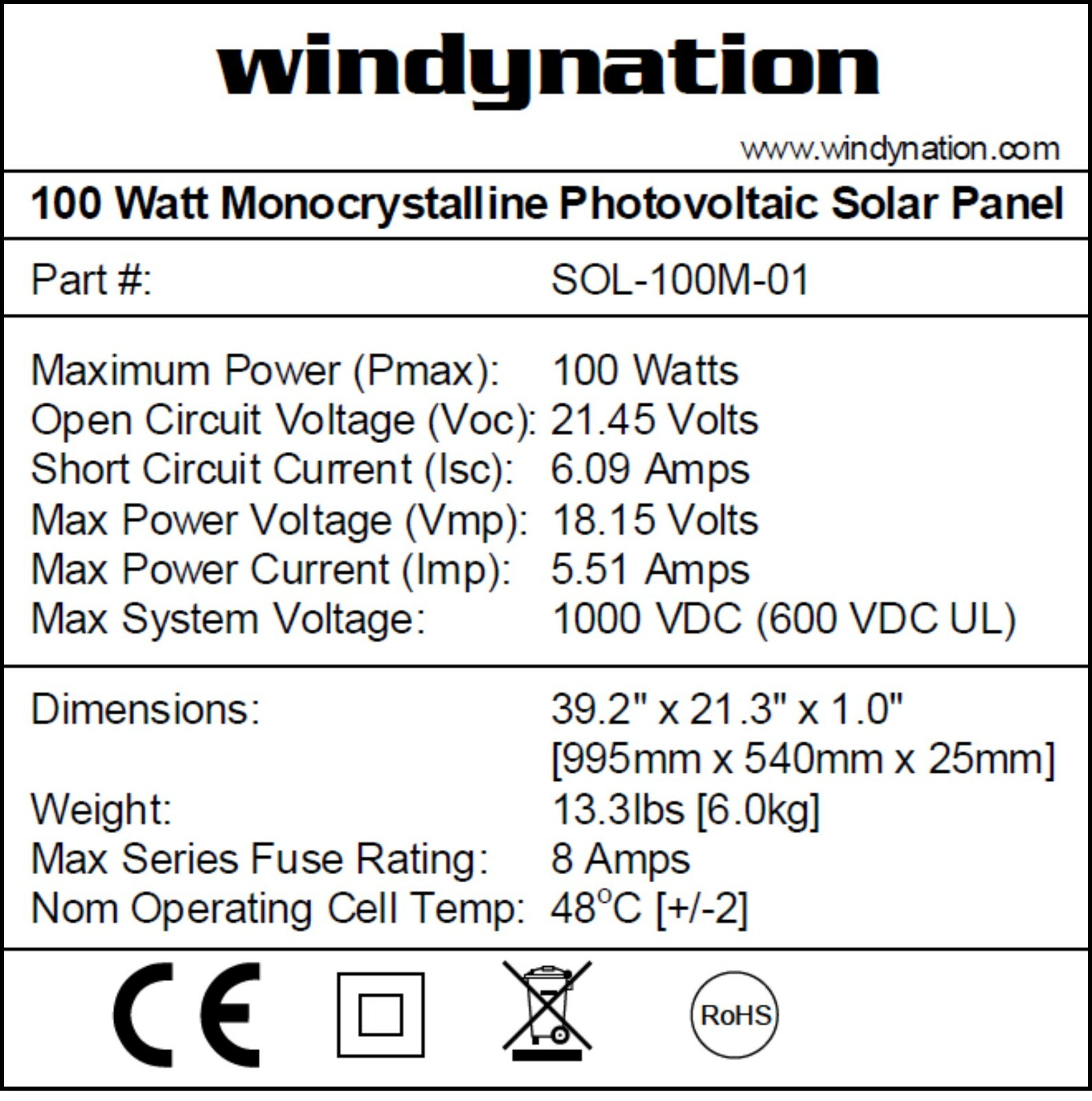 WindyNation 100 Watt 12 Volt Monocrystalline Solar Panel Battery Charger