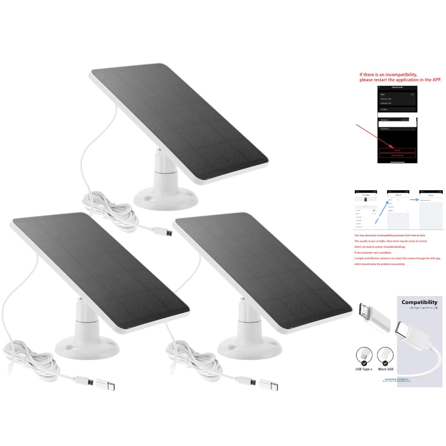 3-Pack High Efficiency Solar Panel Charger for Arlo & Ring Cameras – 10FT Cable