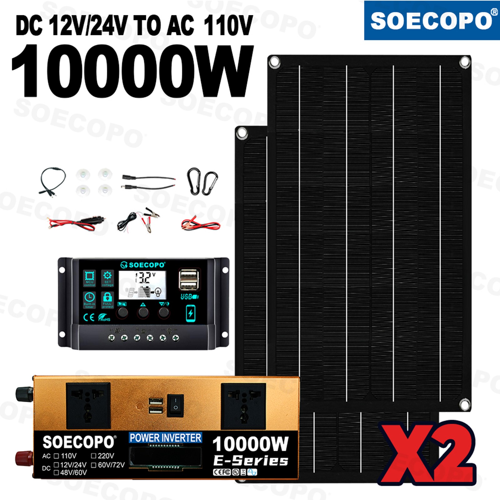 10000W Solar Kit | w/ Efficient Inverter, 2pcs Solar Panels, 100A Controller