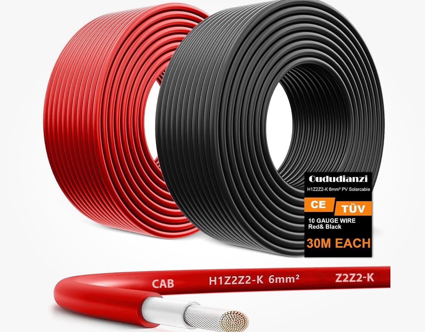2×100 Feet Solar Panel Wire, 10AWG Tinned Copper Solar Extension Cable