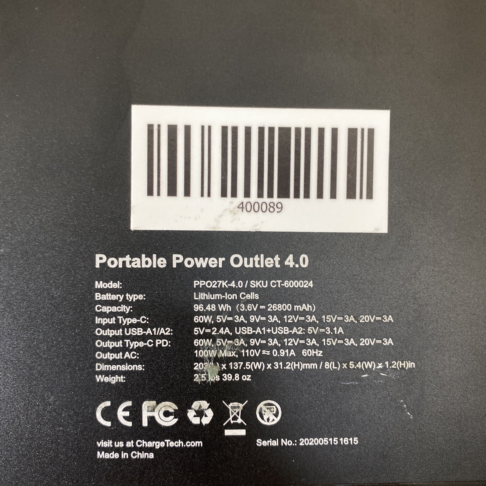 ChargeTech Portable Outlet PPO27K-4.0 26800 mAh Power Bank