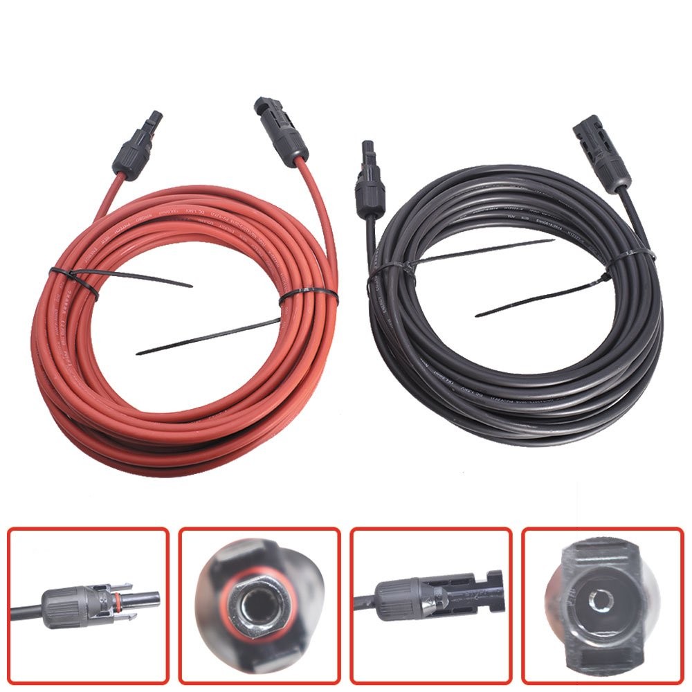 30 Feet 1 Pair 10AWG Solar Panel Extension Cable Wire Connector Black + Red