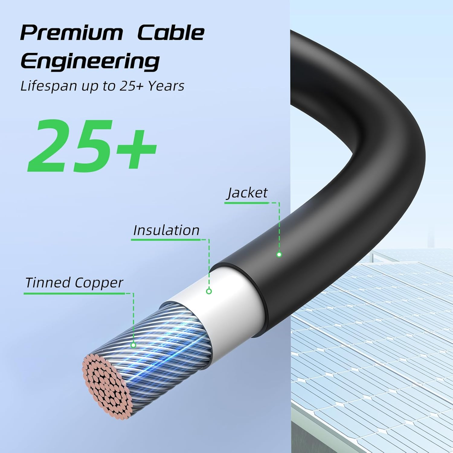 30FT 10AWG Solar Panel Extension Cable, 6Mm² Solar Extension Cable Wire with Fe