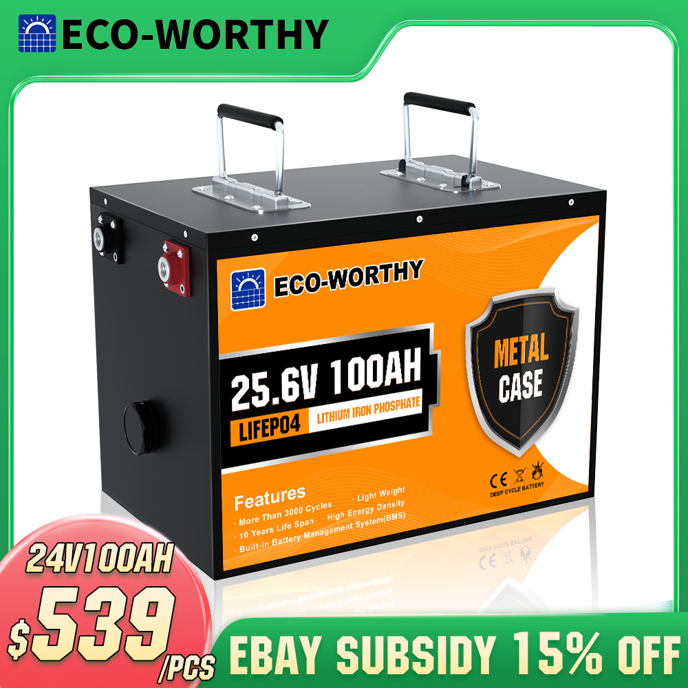 ECO-WORTHY 24V 100Ah LiFePO4 Lithium Battery Metal Case BMS 3000+Deep Cycles