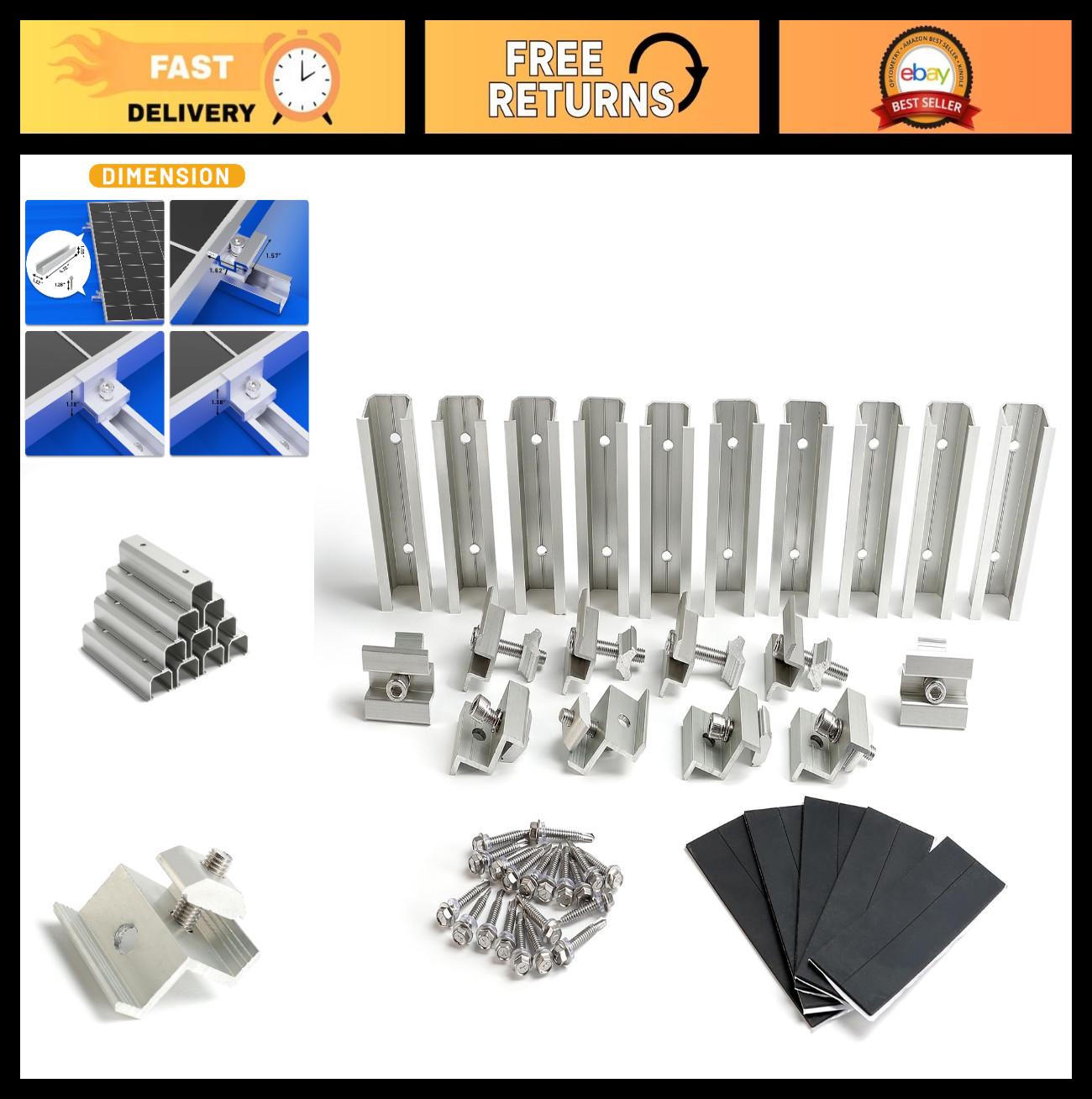 Solar Panel Mounting Brackets Kit – Mid & End Clamps, Rails for Rooftop PV Insta