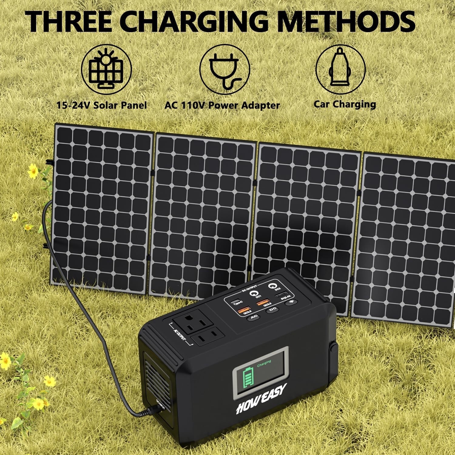 Compact 120W Solar Power Station with 2 AC Outlets & LED Light for Emergencies