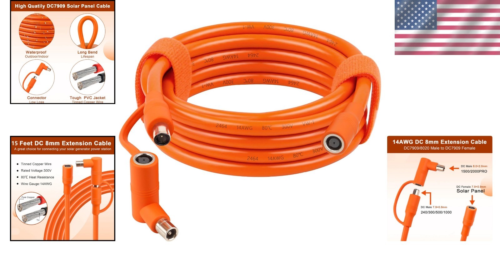 Versatile 15FT Extension Cable for Solar Panels – 14AWG, Flame-Retardant Design