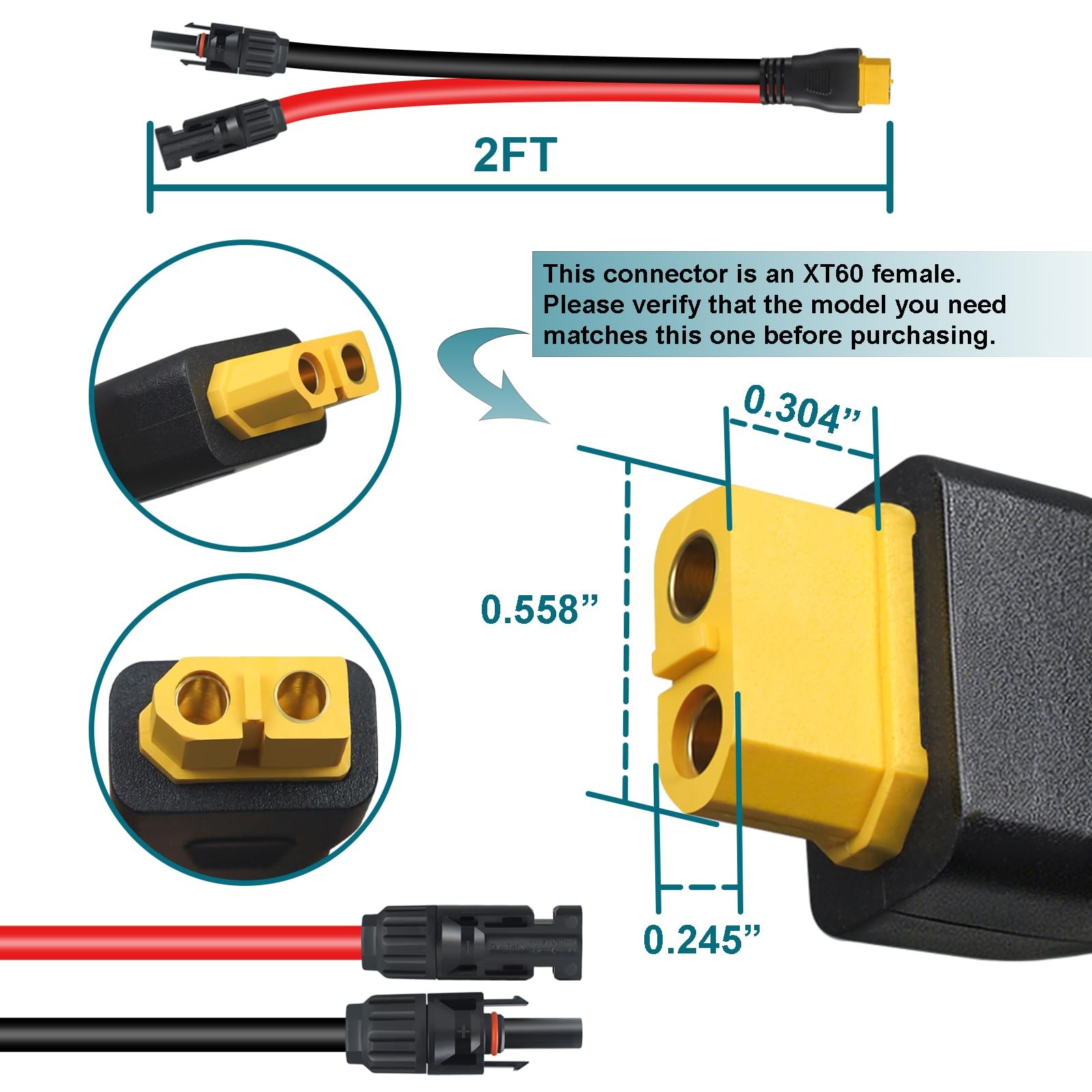 MENTBERY XT60 Connector, Solar to XT60 Extension Charging Cable 2FT, Solar to…