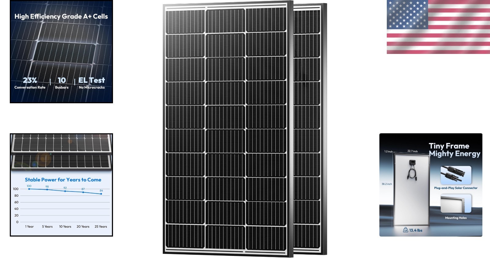 100W Solar Panel 23% Efficiency Rigid Monocrystalline PV Module RV/Boat