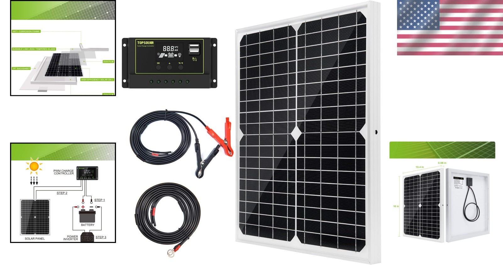 20W Monocrystalline Solar Panel Kit with 10A Charge Controller for Off-Grid Use