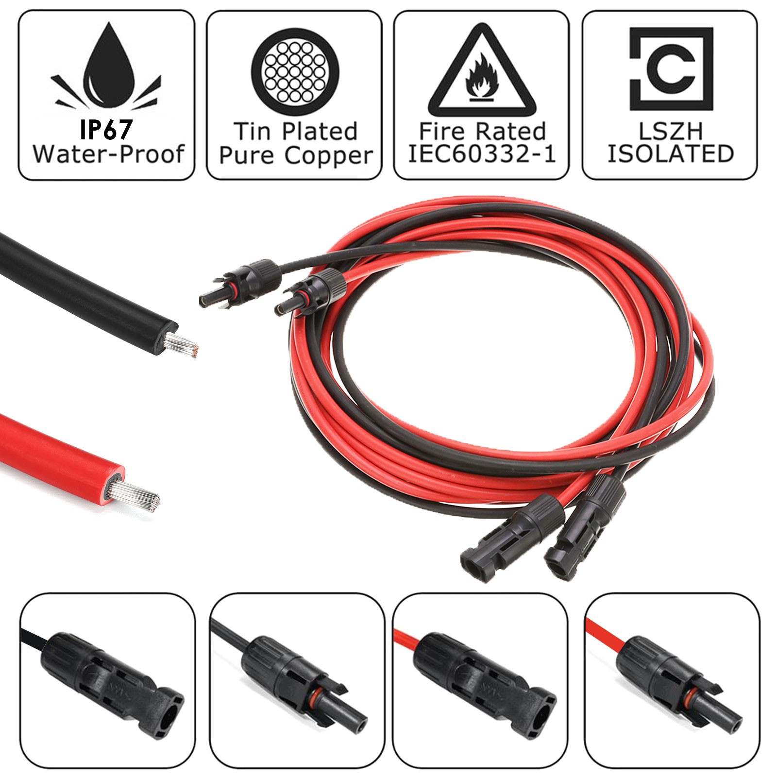 1 Pair 12AWG 4mm² Solar Panel Extension Cable Wire Connector With Connectors