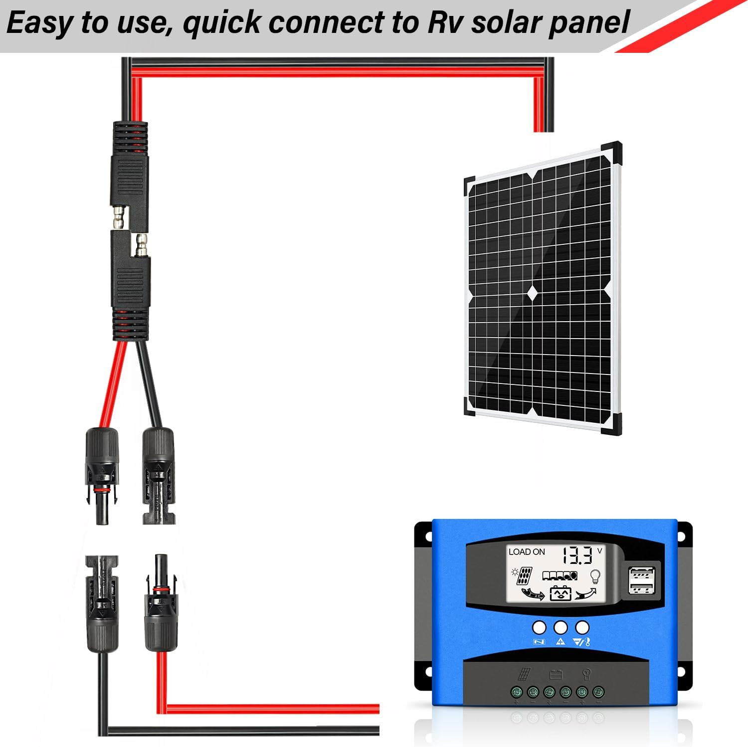 2PCS 3FT Solar Panel to SAE Adapter Cable – 10AWG SAE Connector Extension Cable