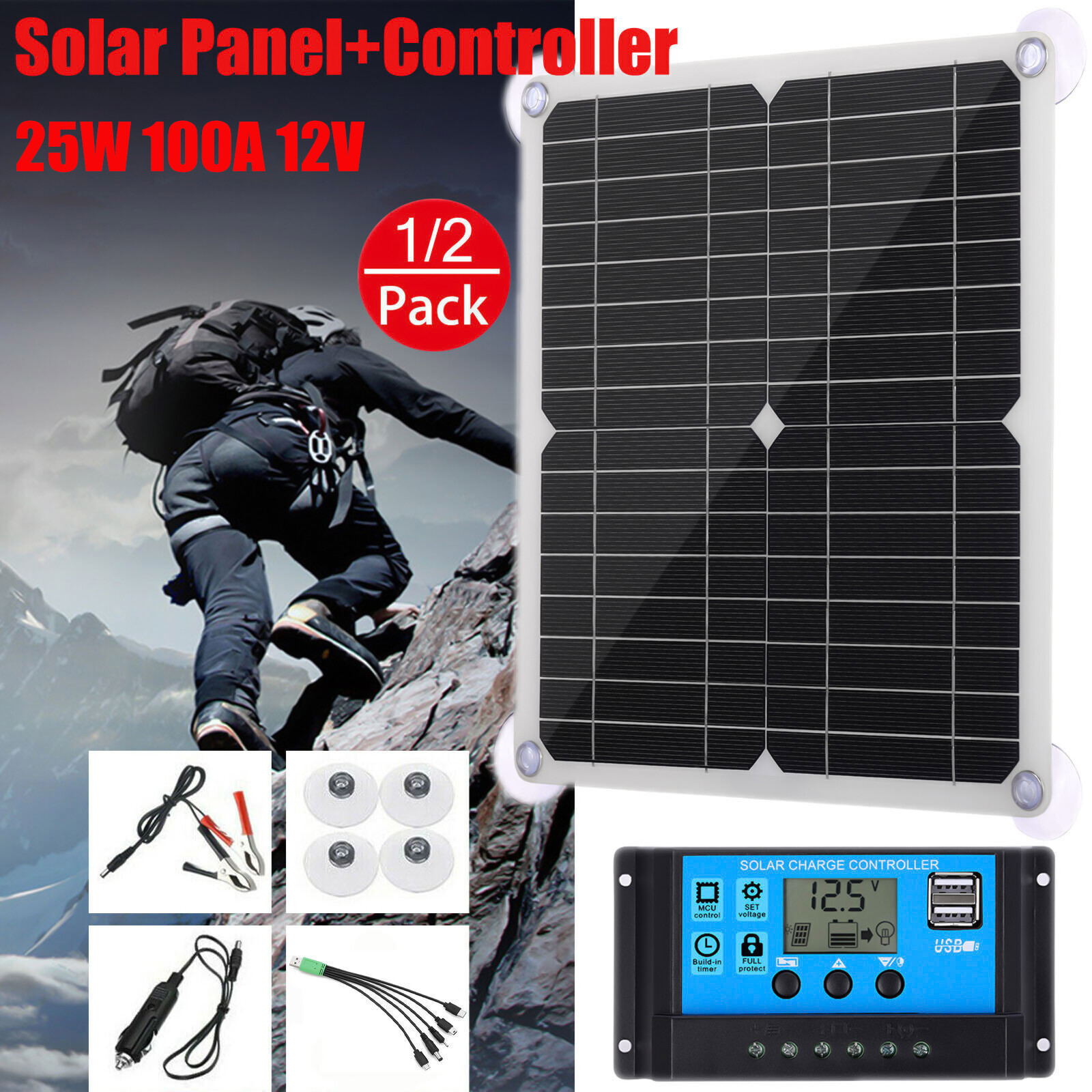 1/2 X 200 W Solar Panel Kit 100A 12V Battery Charger w/ Controller Caravan Boat