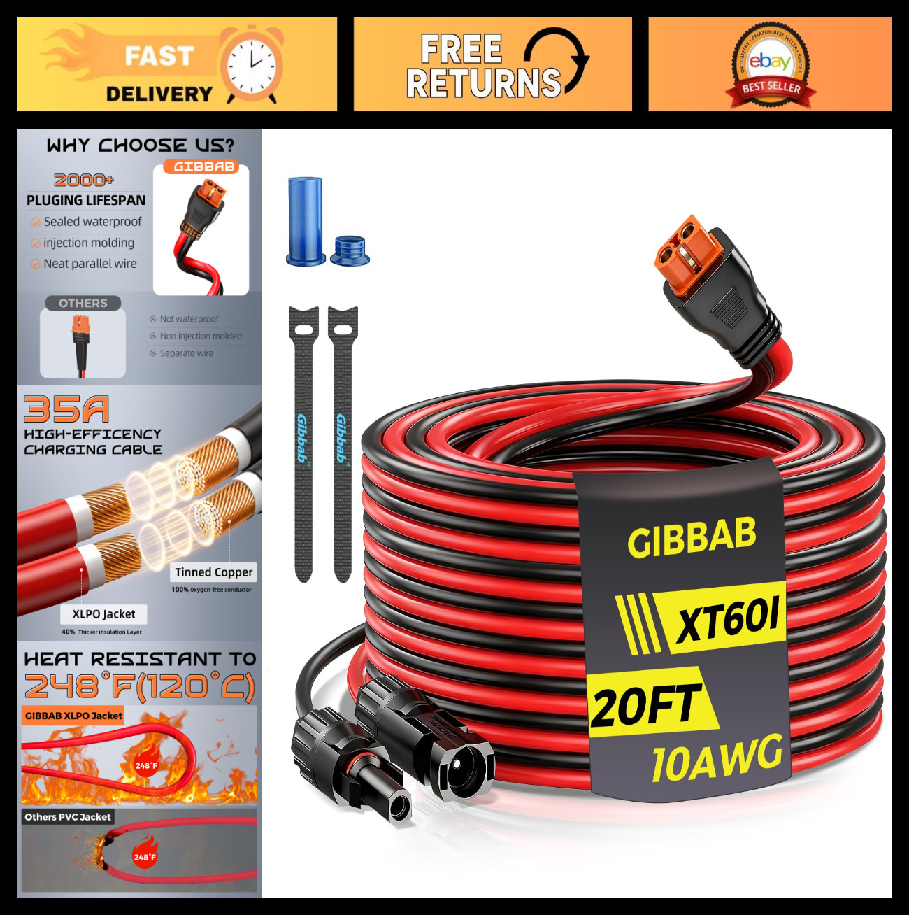 20FT 10AWG Solar Panel Connector XT60i-F Adapter Extension Cable for Power Stati