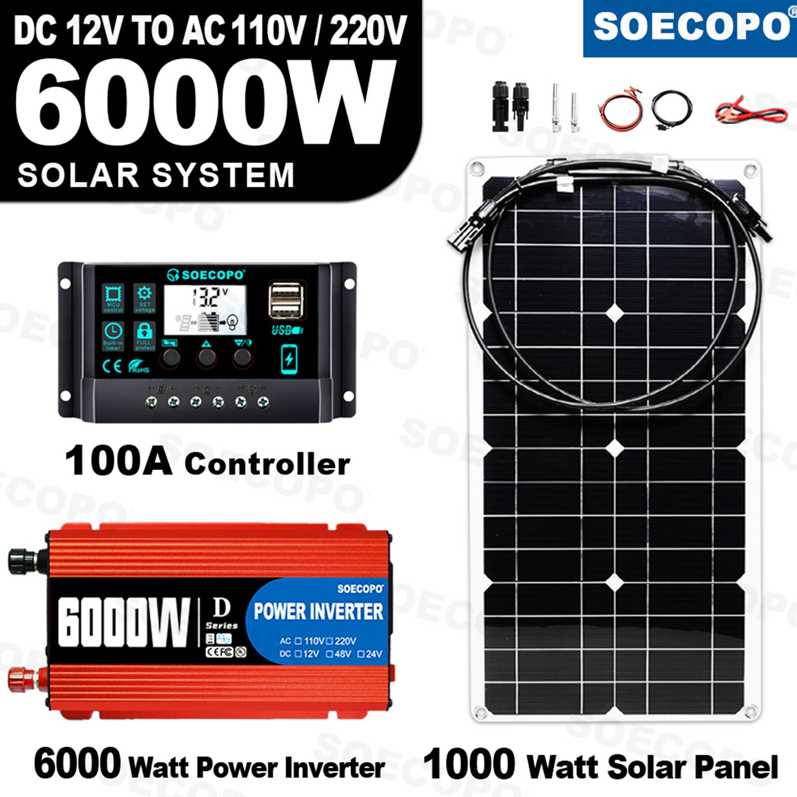 6000W Solar System Kit, Flexible Panel 100A Controller, 12V DC to 110V/220V