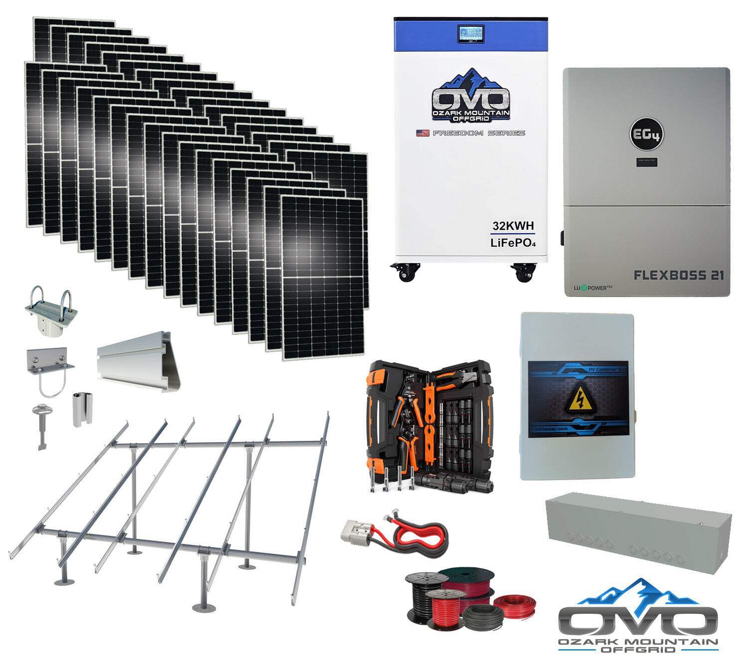 17KW Complete Offgrid Solar Kit + EG4 FlexBOSS21 + 32KW OMO 48V Freedom Series L