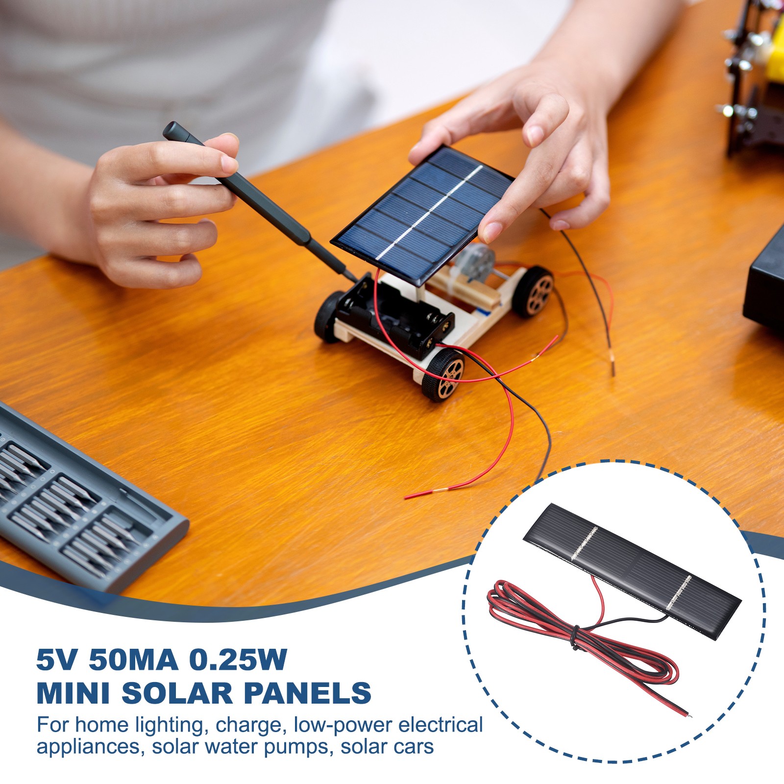 2Pcs 5V 0.25W 50mA Mini Solar Panels with Cable, 107 x 26mm