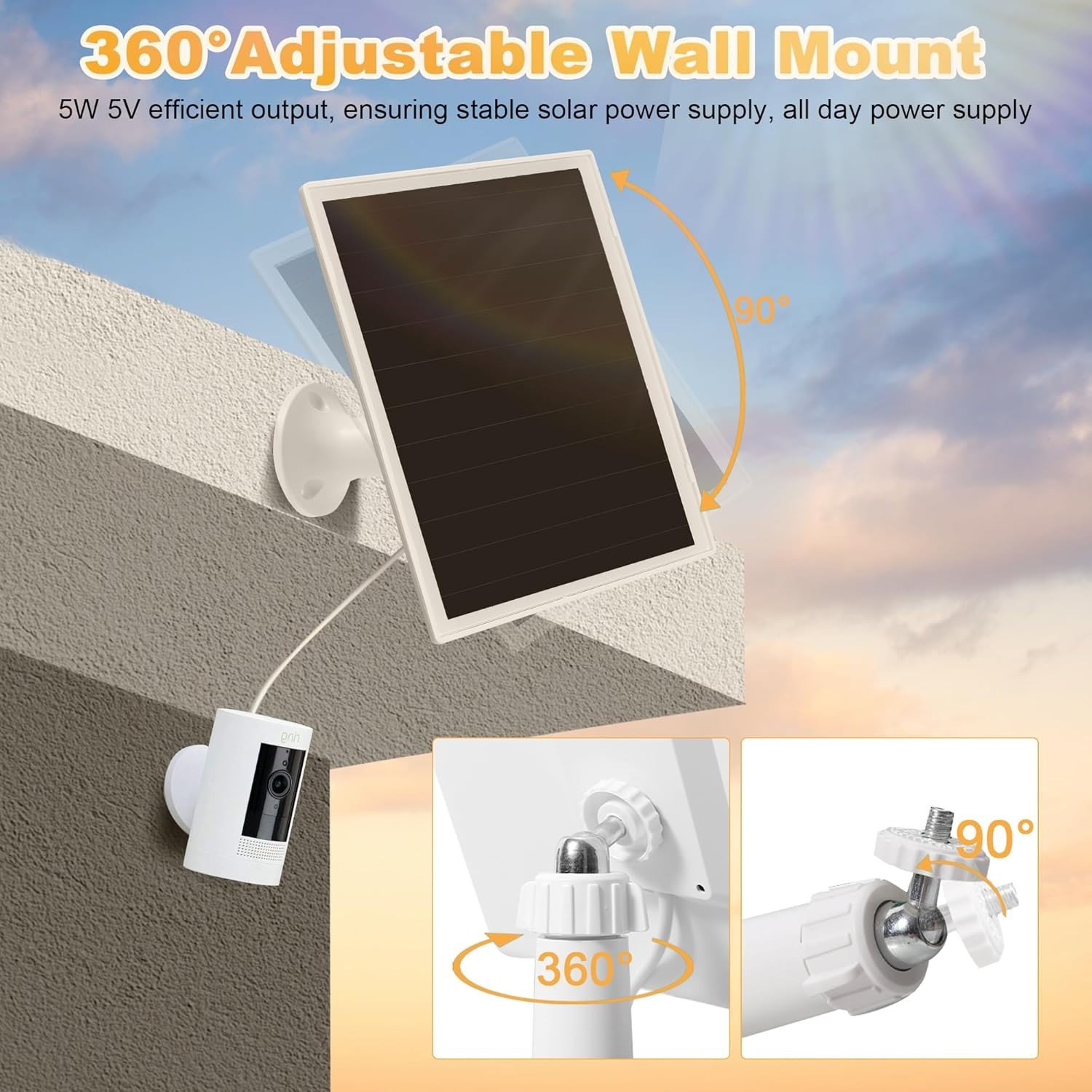Solar Panel for Ring Cameras – Fast Installation with 360° Bracket Included