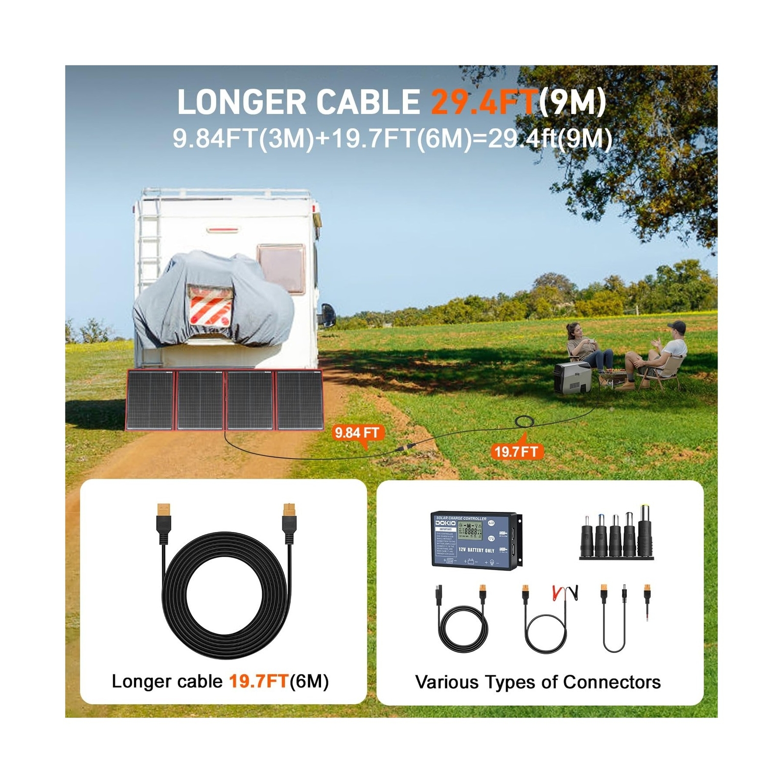 Bundle of DOKIO 220w Solar Panel and 19.7ft (6m) Extension Cord