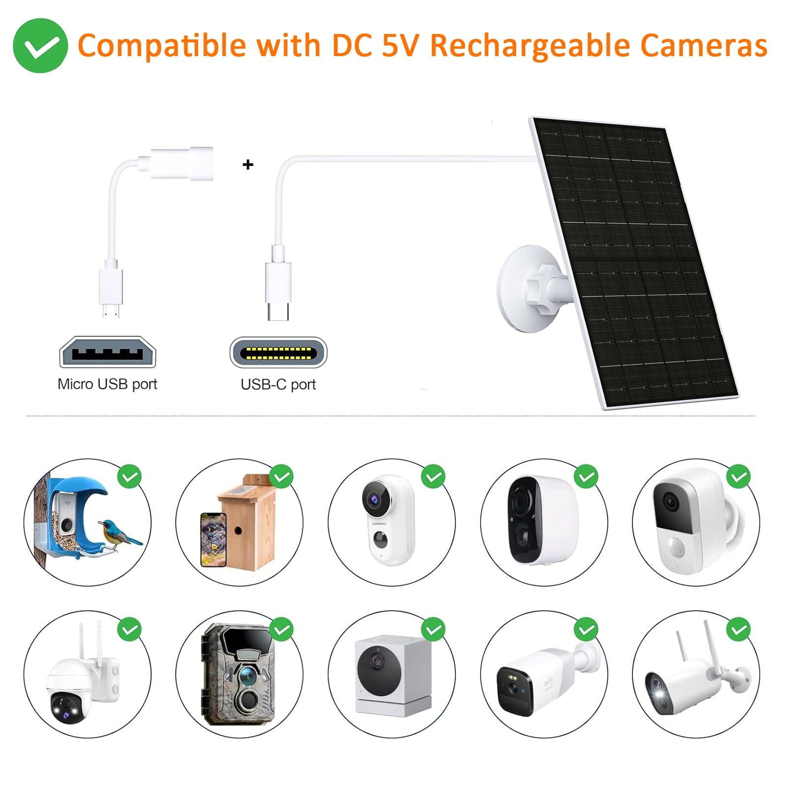 6W Solar Panel for Security Camera Outdoor, 5V USB/USB-C Solar Charger Compat…