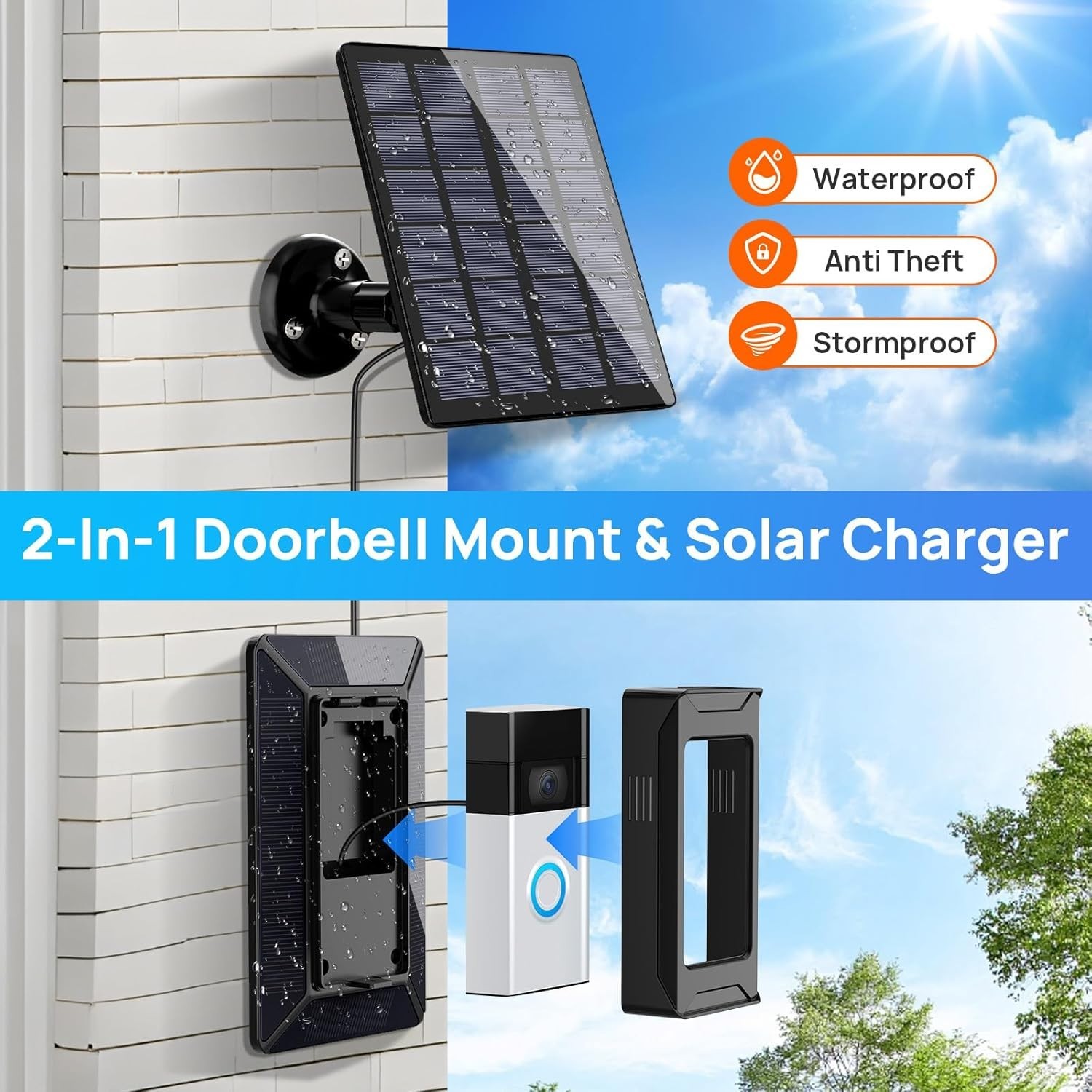 Solar Charger for Ring Doorbell, 2-in-1 with Mount Stand, Compatible with Rin…