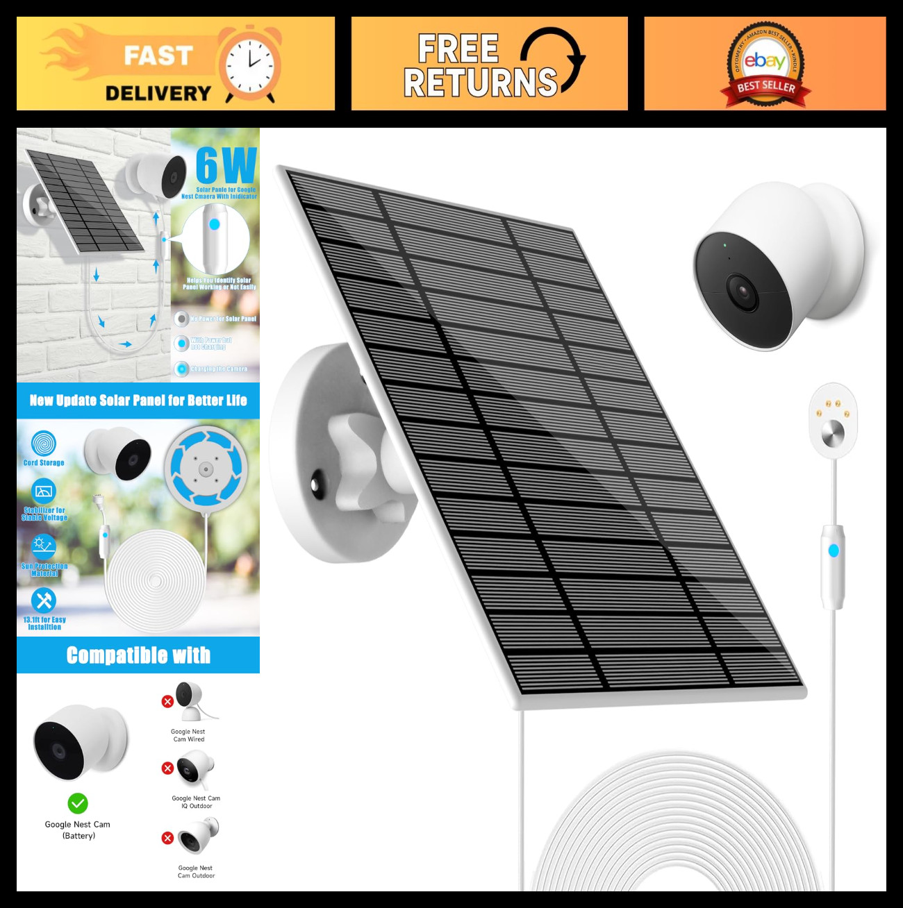 6W Solar Panel for Nest Camera – Outdoor/Indoor Solar Charger, 13ft Cable, IP66