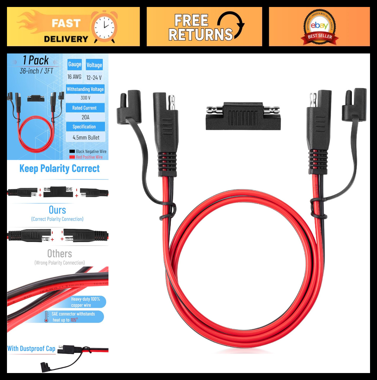 SAE to SAE Extension Cable 3FT 16AWG 2-Pin Quick Connect Polarity Reverse Adapte