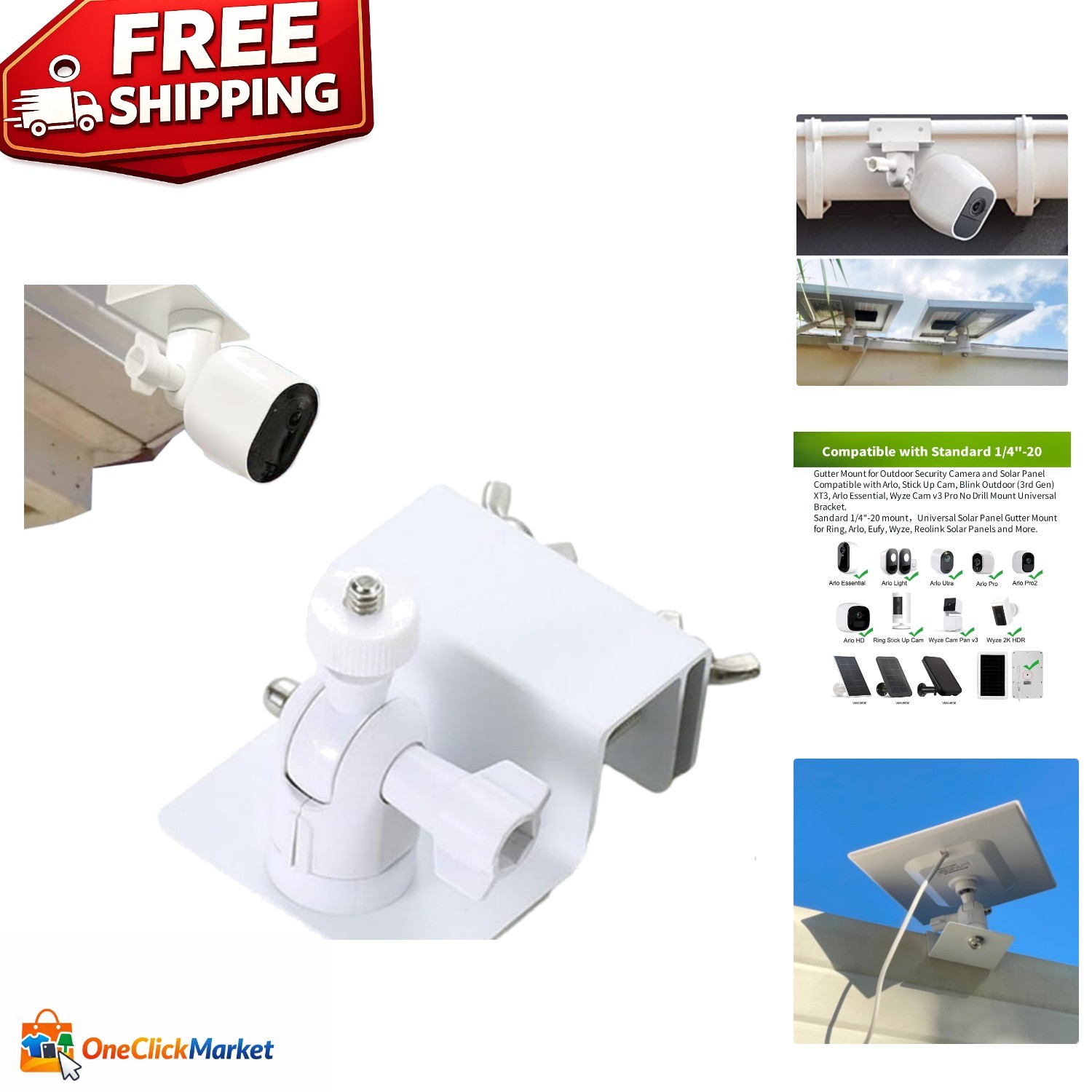 Easy Install Universal Gutter Mount Compatible with Eufy, Blink, Wyze – White
