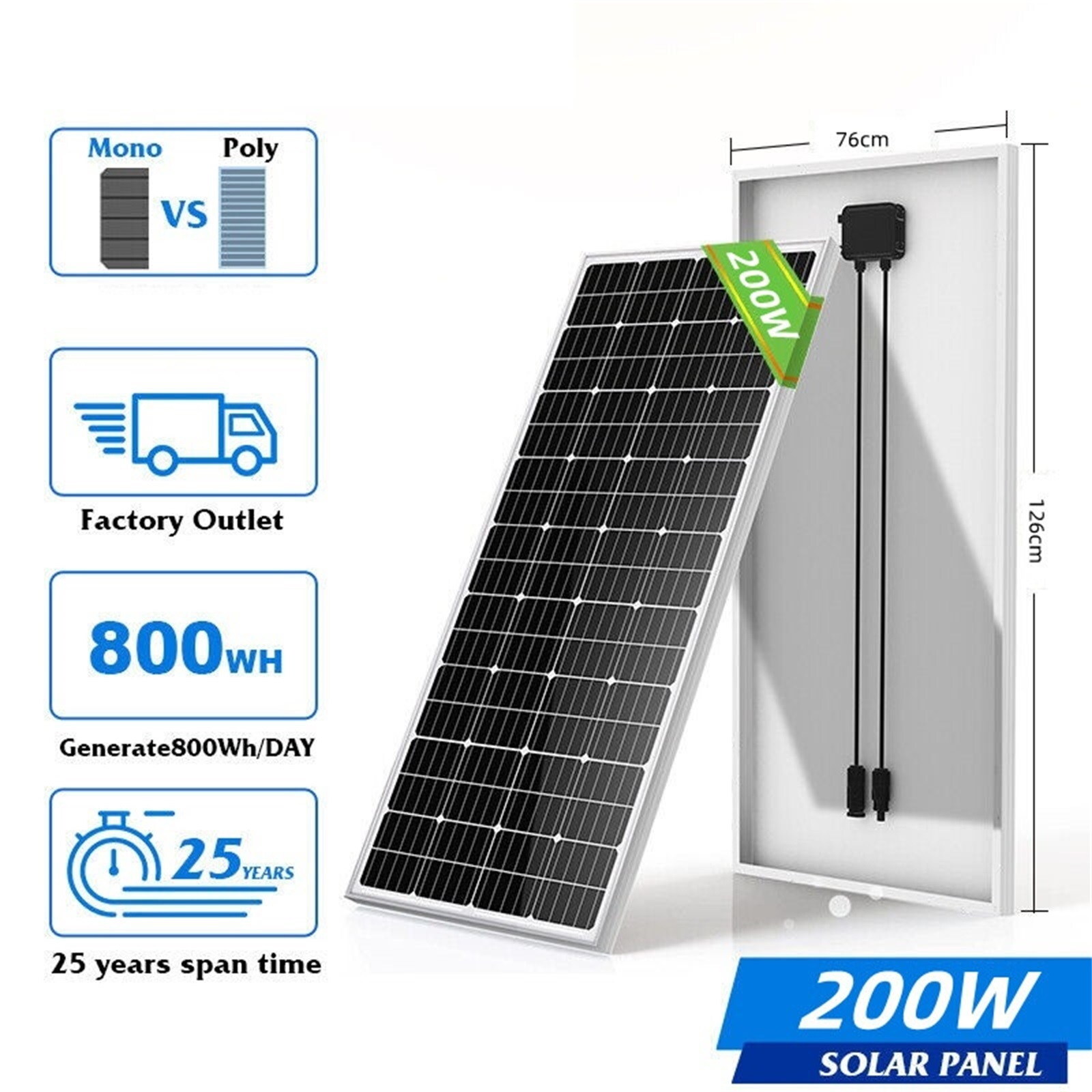200W Watt 12V Volt Mono Solar Panel 200W 12V PV Power RV Camping Marine Off-grid