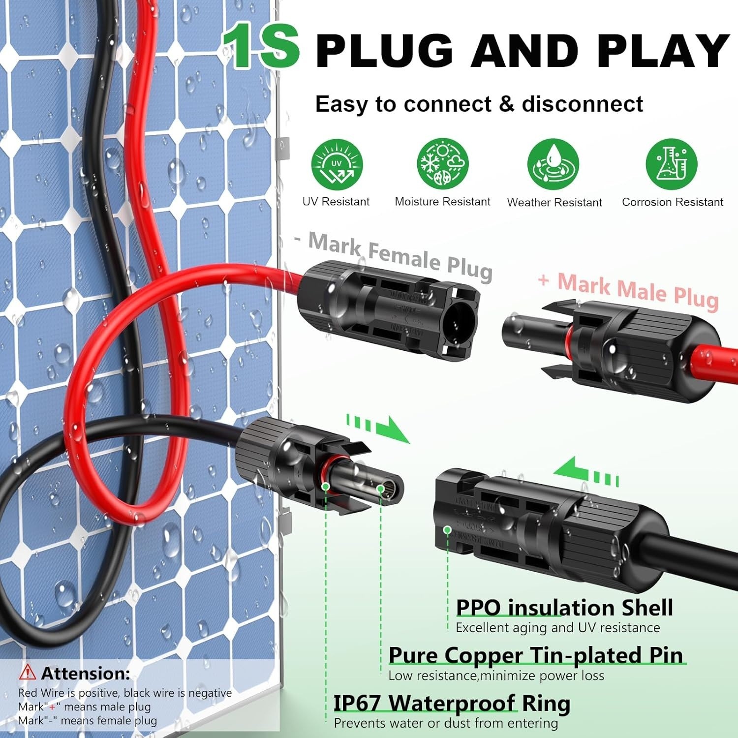 Solar Extension Cable 50Ft, Solar Wire 10AWG, 10 Gauge Tinned Copper PV Wire