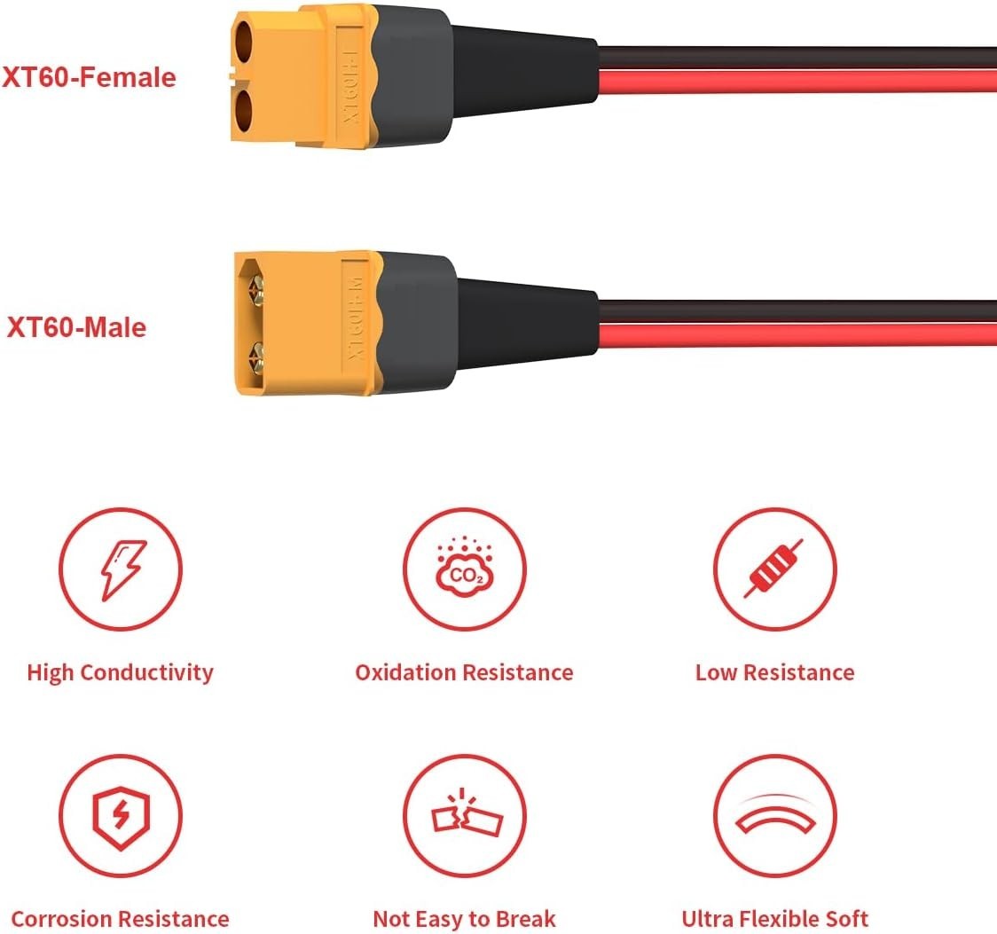 12AWG XT60 Extension Cable 10FT – Ideal for RC Battery & Solar Panel Connections