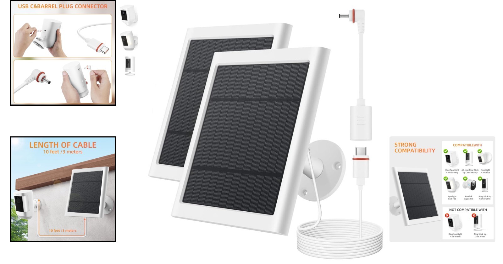 2 Pack Solar Panels for Ring Cameras – Waterproof & 360-Degree Rotatable Mount