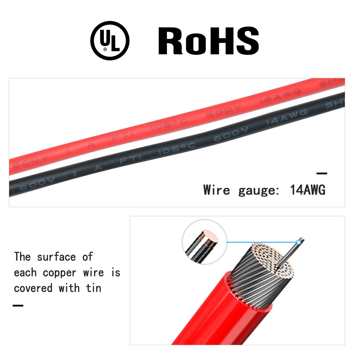 2 Pack 1Ft 2 Pin SAE Connector Cable 14AWG for Solar Panel Car Motorcycle