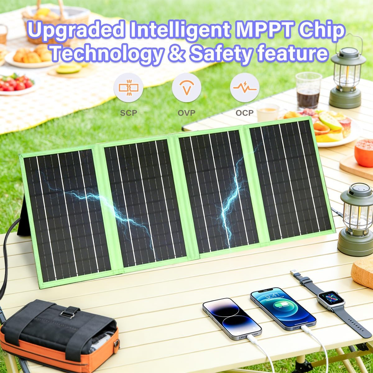 60W Portable Solar Panel Charger with USB-C, USB-A, DC Port, GOLUMU Outdoor IP67