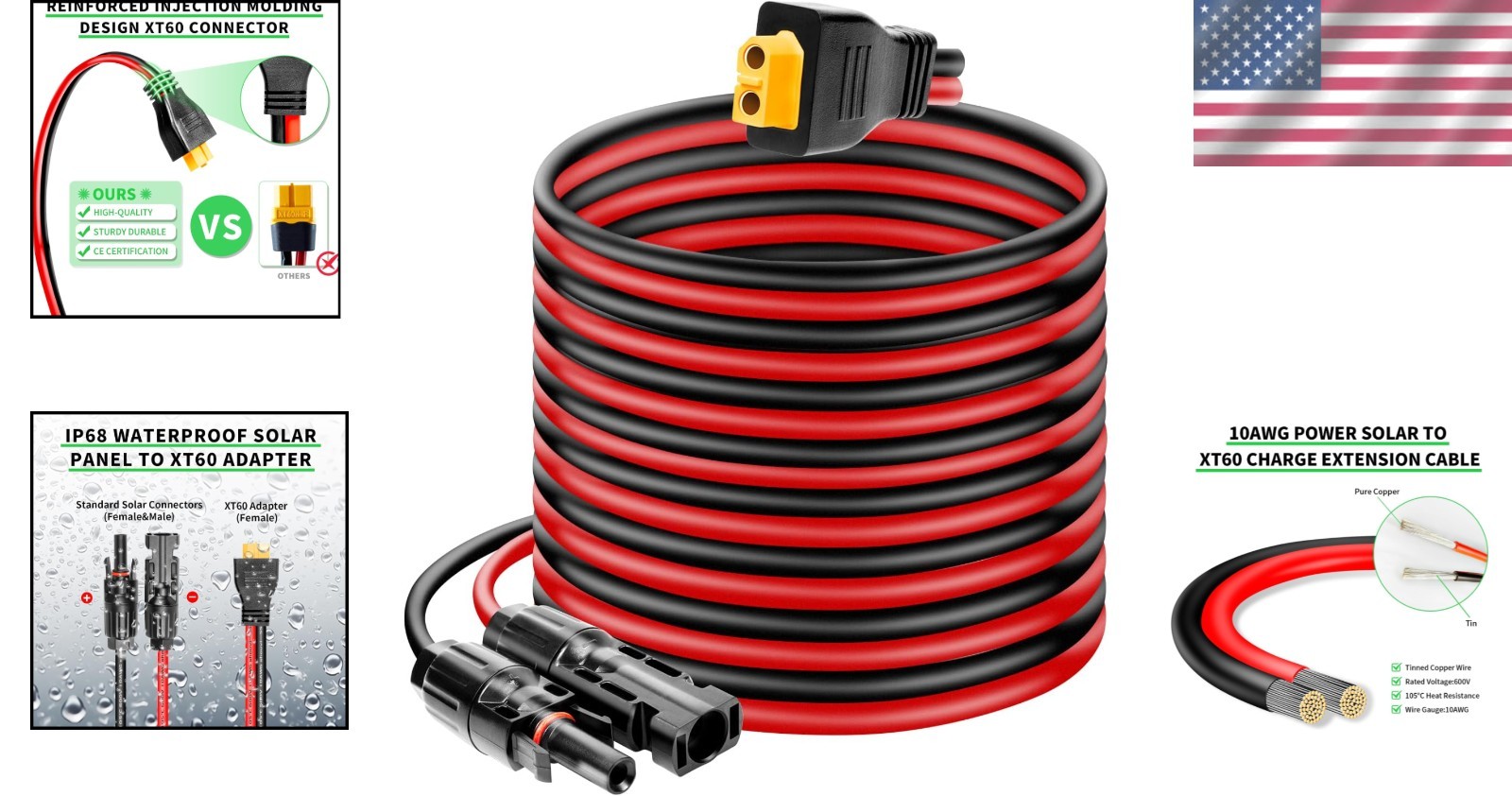 50ft Solar Panel to XT60 Charge Cable, 10AWG Tinned Copper, Waterproof
