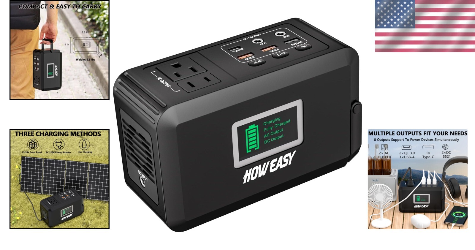 Compact 120W Solar Power Station with 2 AC Outlets & LED Light for Emergencies