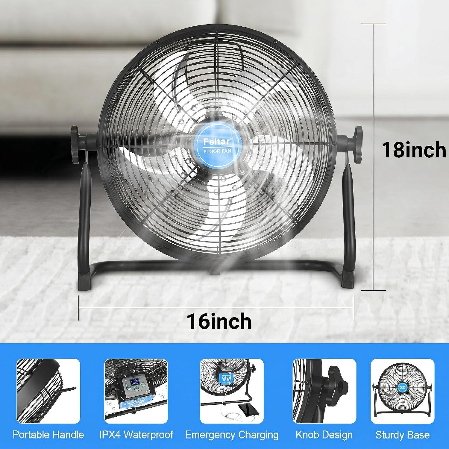 16in Portable Solar Fan 5-Blade Black 30W High-Efficiency Solar Panel 24000mAh