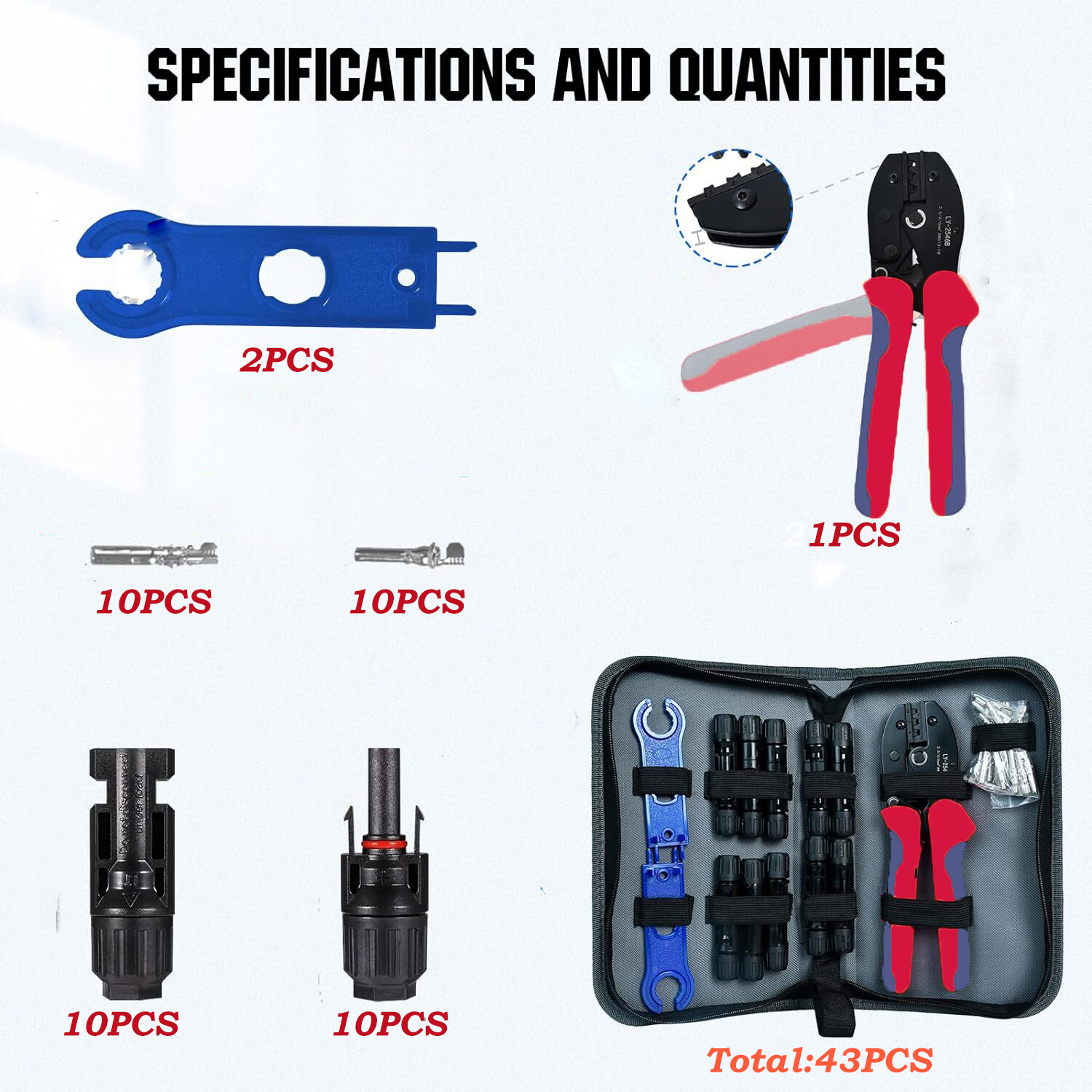 43Pcs Solar Crimper Tool Kit for Connecting Solar Panel Cable Wire Connector Kit
